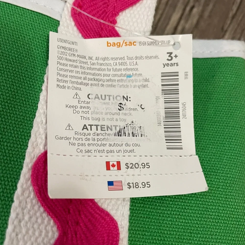 Gymboree Kids Green Canvas Tote Bag Pink Ric Rac Trim Mini Beach Bag NWT‎ 2012
